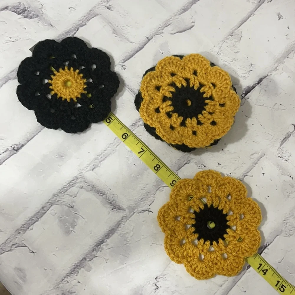 Handmade Crochet Granny Circle Coasters Set of Six Black and Gold